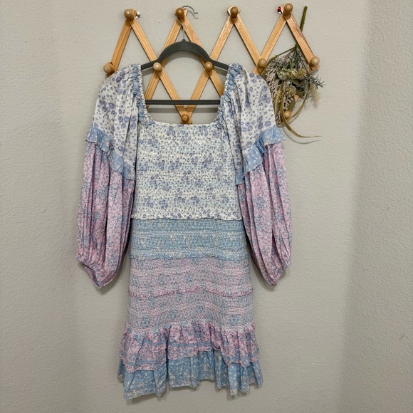 LoveShackFancy Ensley Cottagecore Floral Mini Dress in Blueberry Dust Sz L - Picture 6 of 11